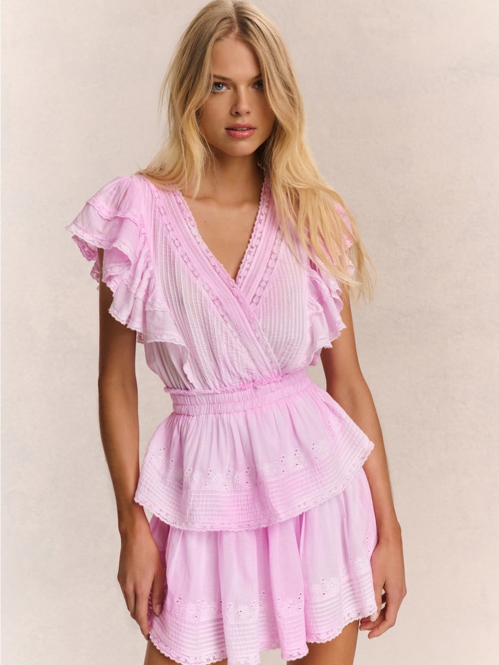 LoveShackFancy Pink Tiered Ruffle Wrap Mini Dress